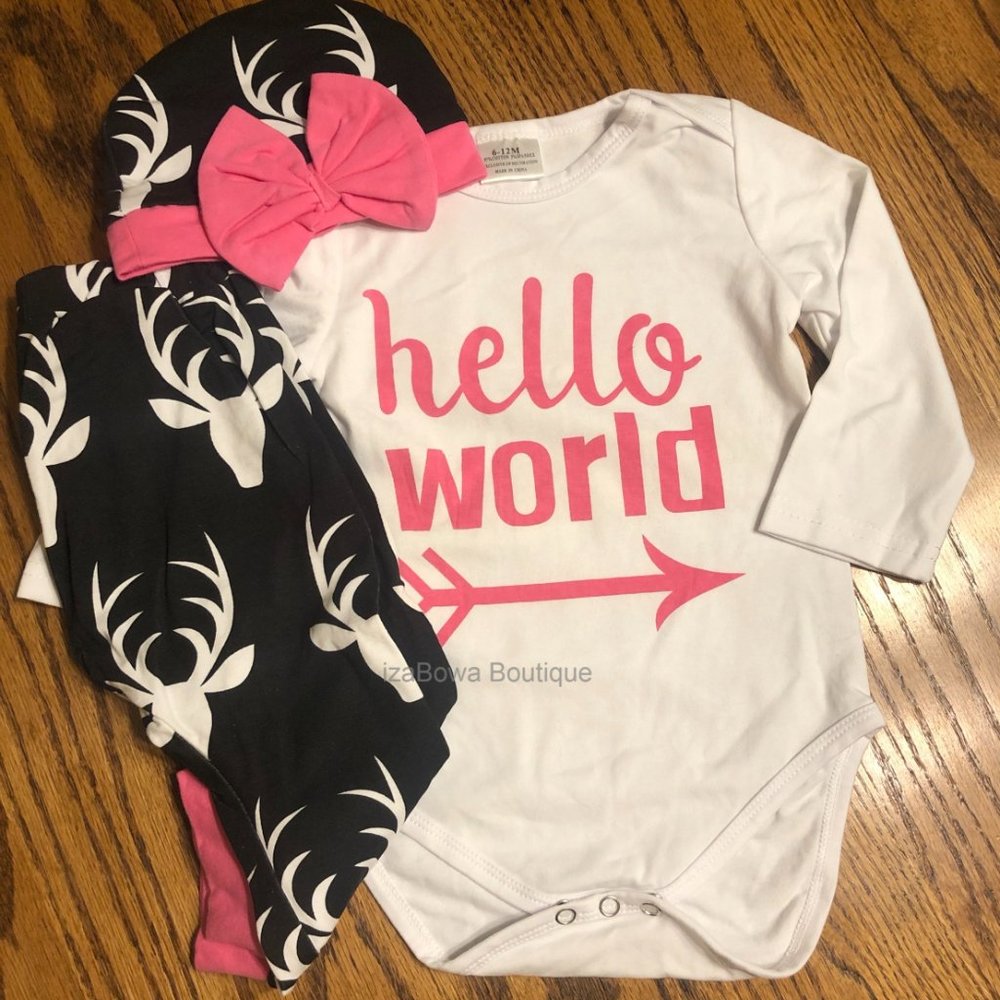 Pink and Black with Deer Print 3 pc Set w/ "Hello World"  6056  NWT Boutique